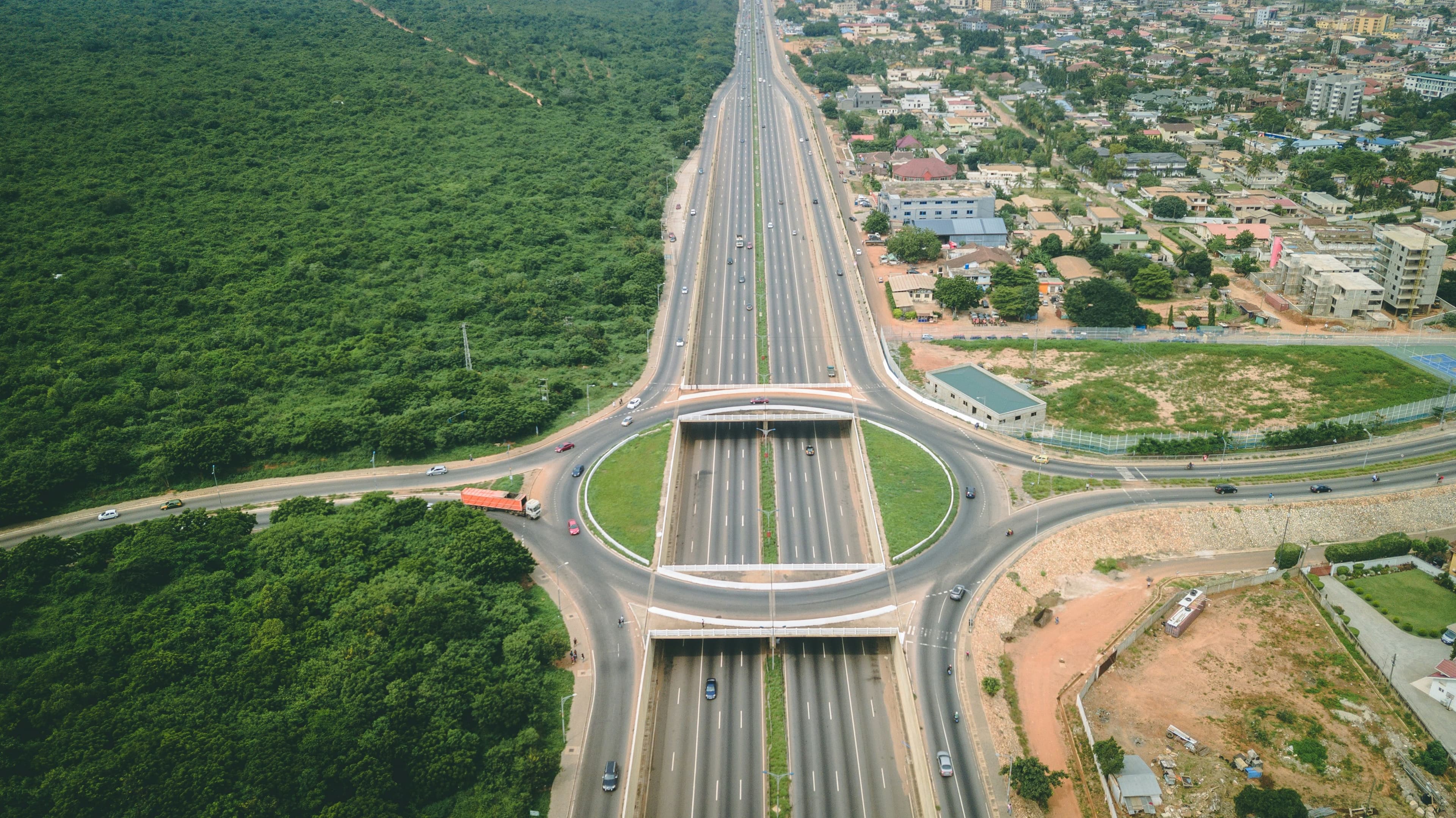 Aerial view of a highway interchange in Ghana
